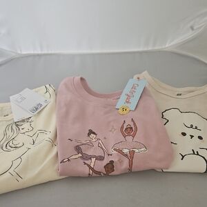 Graphic T-Shirt Trio - H & M and Cat & Jack - Cream, Pink, White